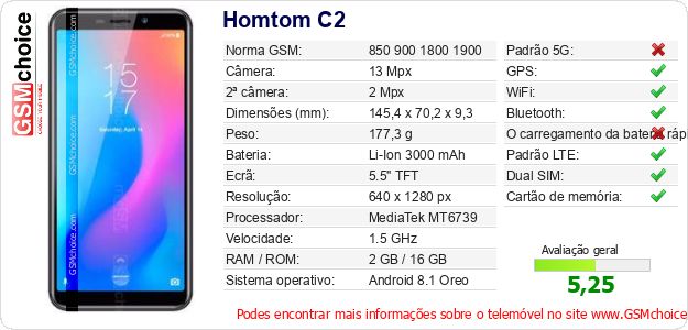 Homtom C2 Especificações técnicas do telemóvel Homtom C2 Especificações técnicas do telemóvel
