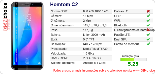 Homtom C2 Especificações técnicas do telemóvel 