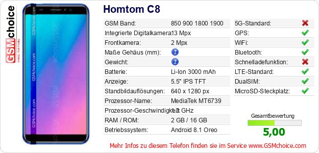 Homtom C8 technische Daten Homtom C8 technische Daten