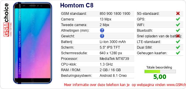Homtom C8 Technische gegevens 