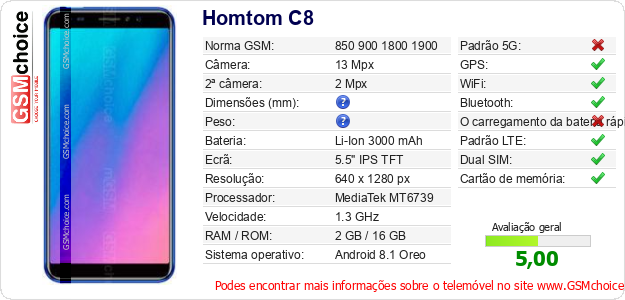 Homtom C8 Especificações técnicas do telemóvel Homtom C8 Especificações técnicas do telemóvel