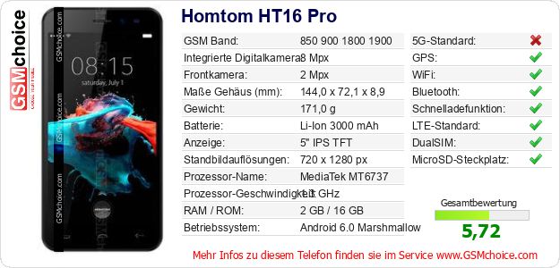 Homtom HT16 Pro technische Daten Homtom HT16 Pro technische Daten