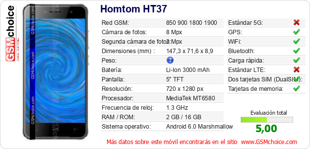 Homtom HT37 Datos técnicos del móvil Homtom HT37 Datos técnicos del móvil