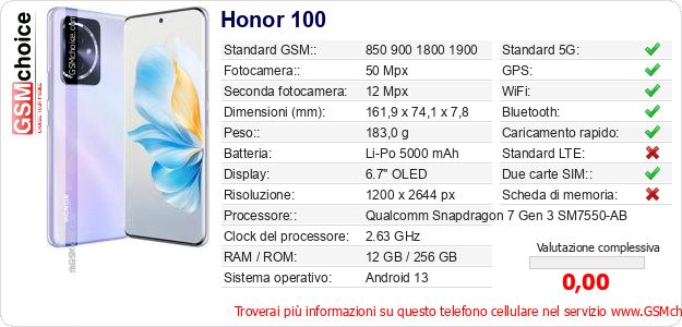 Honor 100 Dati tecnici di telefono cellulare Honor 100 Dati tecnici di telefono cellulare