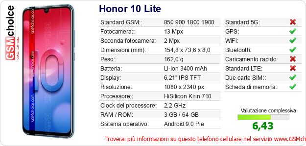 Honor 10 Lite Dati tecnici di telefono cellulare 
