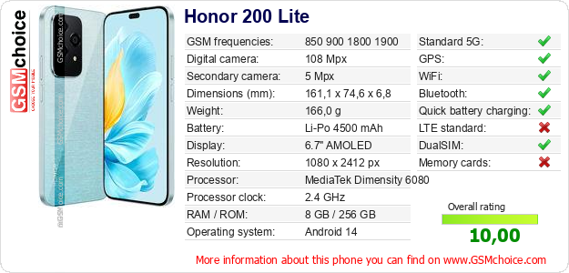 Honor 200 Lite technical specifications Honor 200 Lite technical specifications