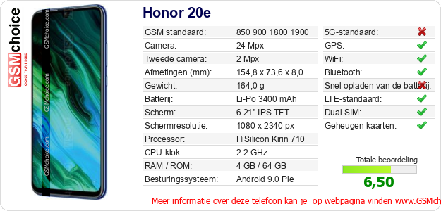 Honor 20e Technische gegevens Honor 20e Technische gegevens
