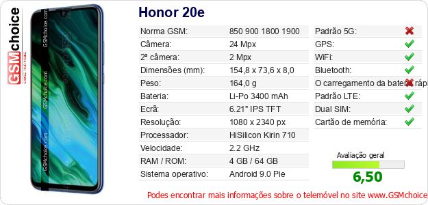 Honor 20e Especificações técnicas do telemóvel 