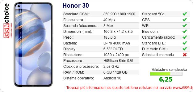 Honor 30 Dati tecnici di telefono cellulare Honor 30 Dati tecnici di telefono cellulare