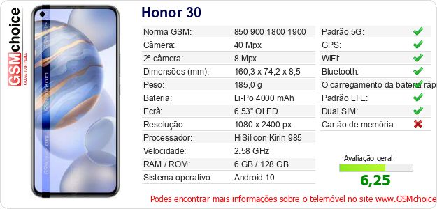 Honor 30 Especificações técnicas do telemóvel 