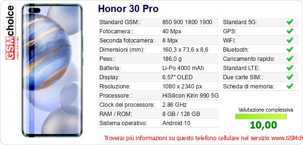 Honor 30 Pro Dati tecnici di telefono cellulare 