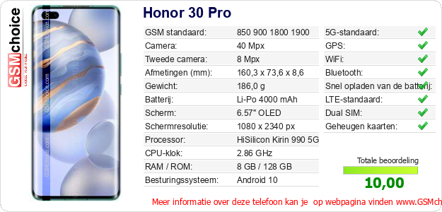 Honor 30 Pro Technische gegevens Honor 30 Pro Technische gegevens