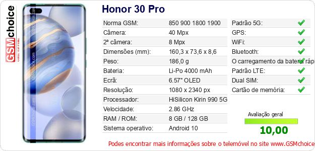 Honor 30 Pro Especificações técnicas do telemóvel Honor 30 Pro Especificações técnicas do telemóvel