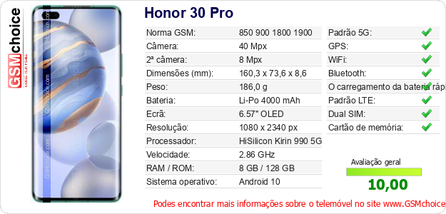 Honor 30 Pro Especificações técnicas do telemóvel Honor 30 Pro Especificações técnicas do telemóvel