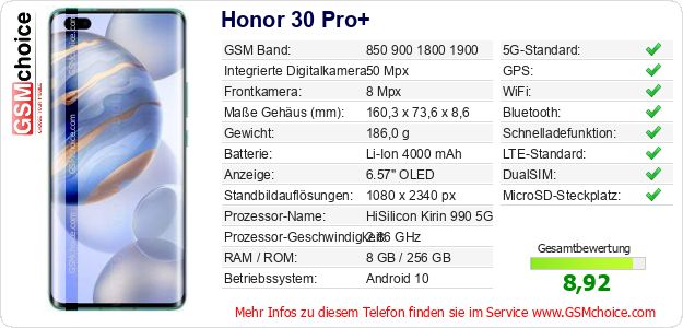Honor 30 Pro+ technische Daten Honor 30 Pro+ technische Daten