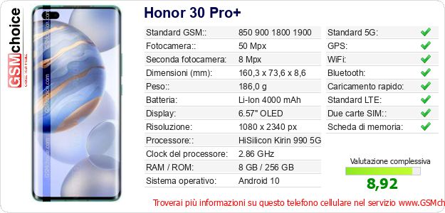 Honor 30 Pro+ Dati tecnici di telefono cellulare 
