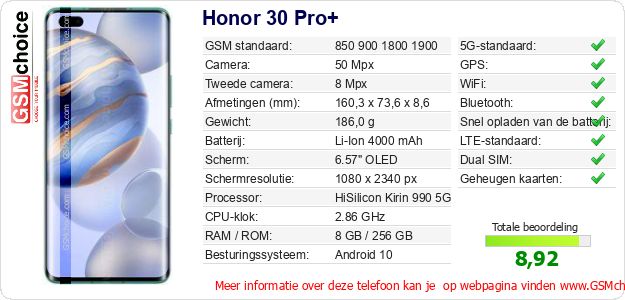 Honor 30 Pro+ Technische gegevens 