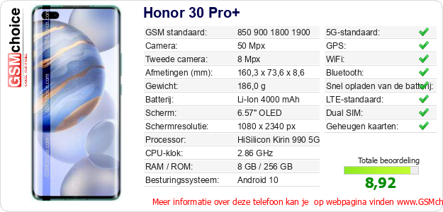 Honor 30 Pro+ Technische gegevens 