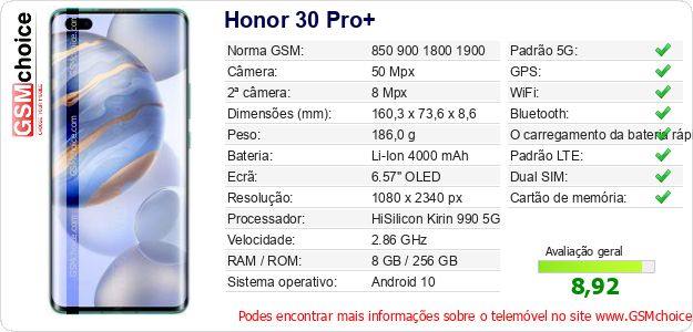 Honor 30 Pro+ Especificações técnicas do telemóvel 