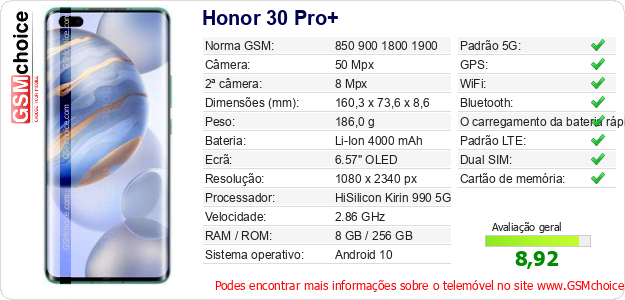 Honor 30 Pro+ Especificações técnicas do telemóvel 