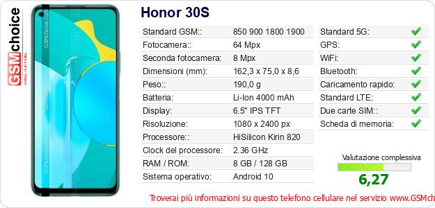 Honor 30S Dati tecnici di telefono cellulare 