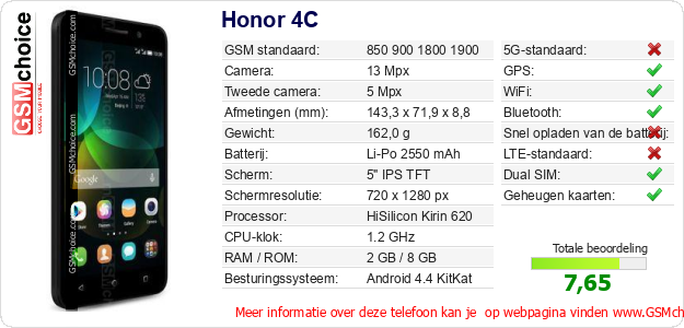 Honor 4C Technische gegevens 