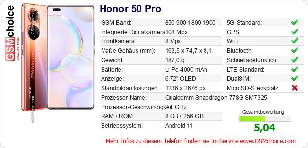 Honor 50 Pro technische Daten Honor 50 Pro technische Daten
