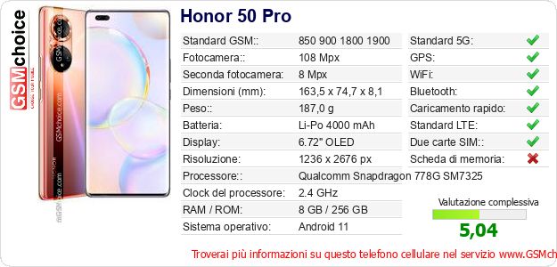 Honor 50 Pro Dati tecnici di telefono cellulare Honor 50 Pro Dati tecnici di telefono cellulare