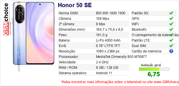 Honor 50 SE Especificações técnicas do telemóvel Honor 50 SE Especificações técnicas do telemóvel