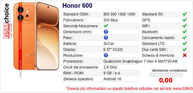 Honor 600 Dati tecnici di telefono cellulare 