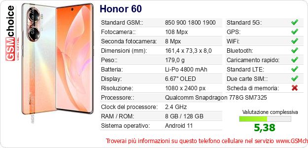 Honor 60 Dati tecnici di telefono cellulare Honor 60 Dati tecnici di telefono cellulare
