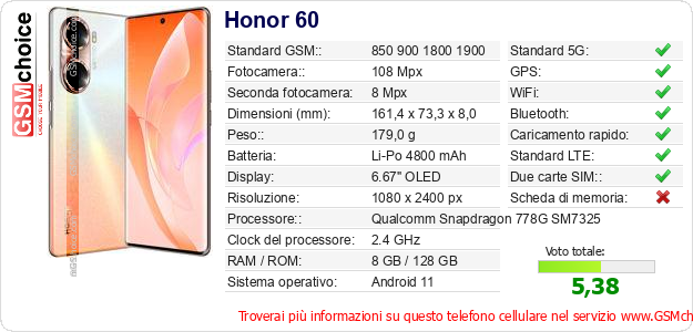 Honor 60 Dati tecnici di telefono cellulare 