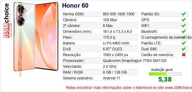 Honor 60 Especificações técnicas do telemóvel Honor 60 Especificações técnicas do telemóvel