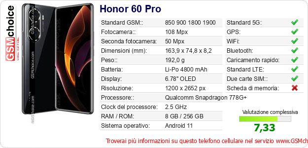 Honor 60 Pro Dati tecnici di telefono cellulare Honor 60 Pro Dati tecnici di telefono cellulare