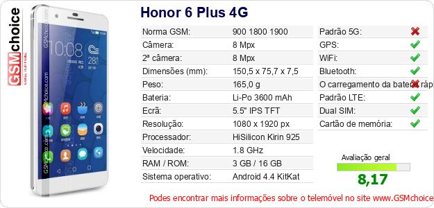 Honor 6 Plus 4G Especificações técnicas do telemóvel Honor 6 Plus 4G Especificações técnicas do telemóvel