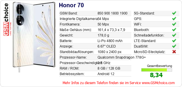 Honor 70 technische Daten Honor 70 technische Daten
