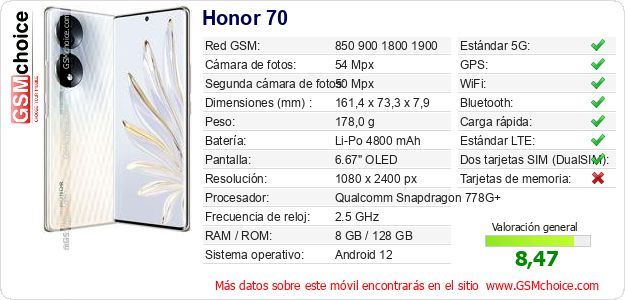 Honor 70 Datos técnicos del móvil Honor 70 Datos técnicos del móvil