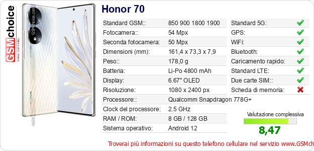 Honor 70 Dati tecnici di telefono cellulare 