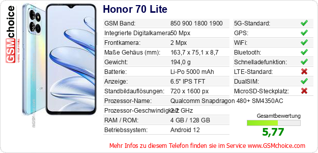 Honor 70 Lite technische Daten Honor 70 Lite technische Daten