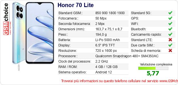 Honor 70 Lite Dati tecnici di telefono cellulare Honor 70 Lite Dati tecnici di telefono cellulare