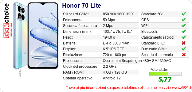 Honor 70 Lite Dati tecnici di telefono cellulare Honor 70 Lite Dati tecnici di telefono cellulare