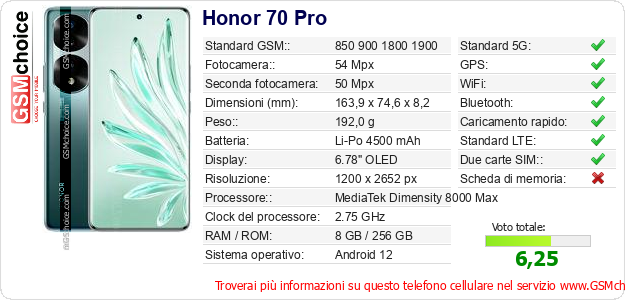 Honor 70 Pro Dati tecnici di telefono cellulare 