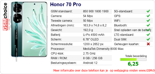 Honor 70 Pro Technische gegevens Honor 70 Pro Technische gegevens