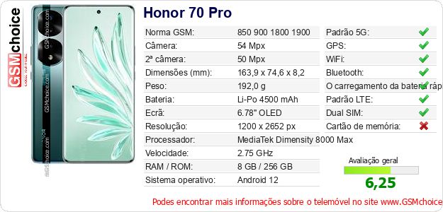 Honor 70 Pro Especificações técnicas do telemóvel Honor 70 Pro Especificações técnicas do telemóvel