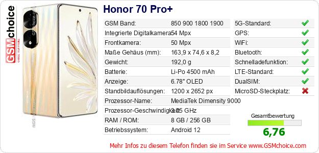 Honor 70 Pro+ technische Daten Honor 70 Pro+ technische Daten