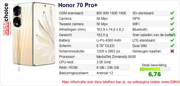 Honor 70 Pro+ Technische gegevens Honor 70 Pro+ Technische gegevens