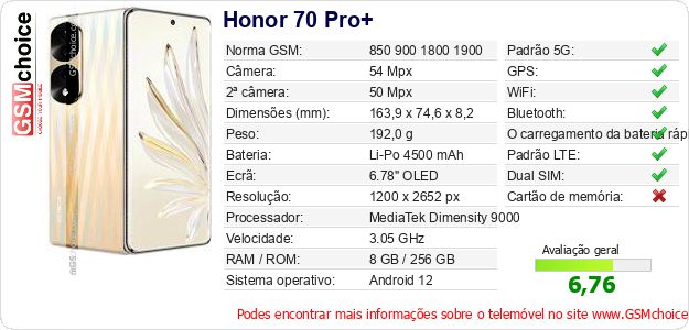 Honor 70 Pro+ Especificações técnicas do telemóvel 