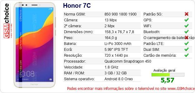 Honor 7C Especificações técnicas do telemóvel Honor 7C Especificações técnicas do telemóvel