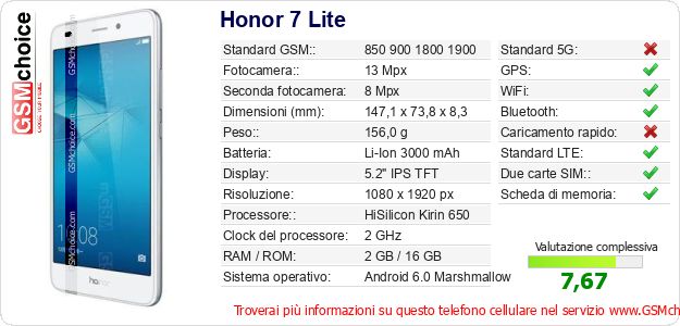 Honor 7 Lite Dati tecnici di telefono cellulare Honor 7 Lite Dati tecnici di telefono cellulare