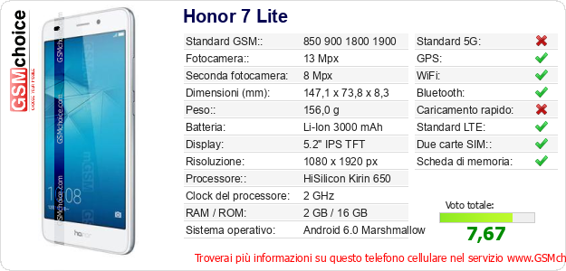 Honor 7 Lite Dati tecnici di telefono cellulare 